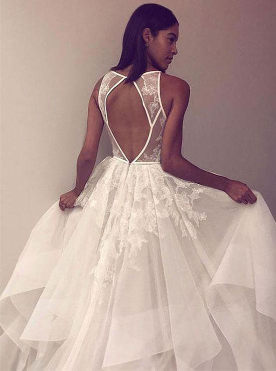 round neck tulle long prom dress open back wedding dress with lace