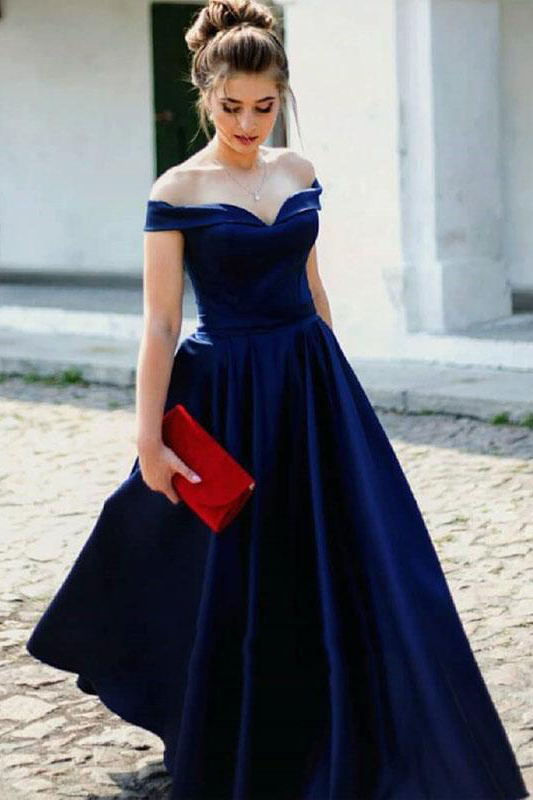 royal blue elegant off shoulder prom dress simple satin evening dress