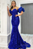 pink off the shoulder puff sleeves sequins long prom dress mermaid evening gown