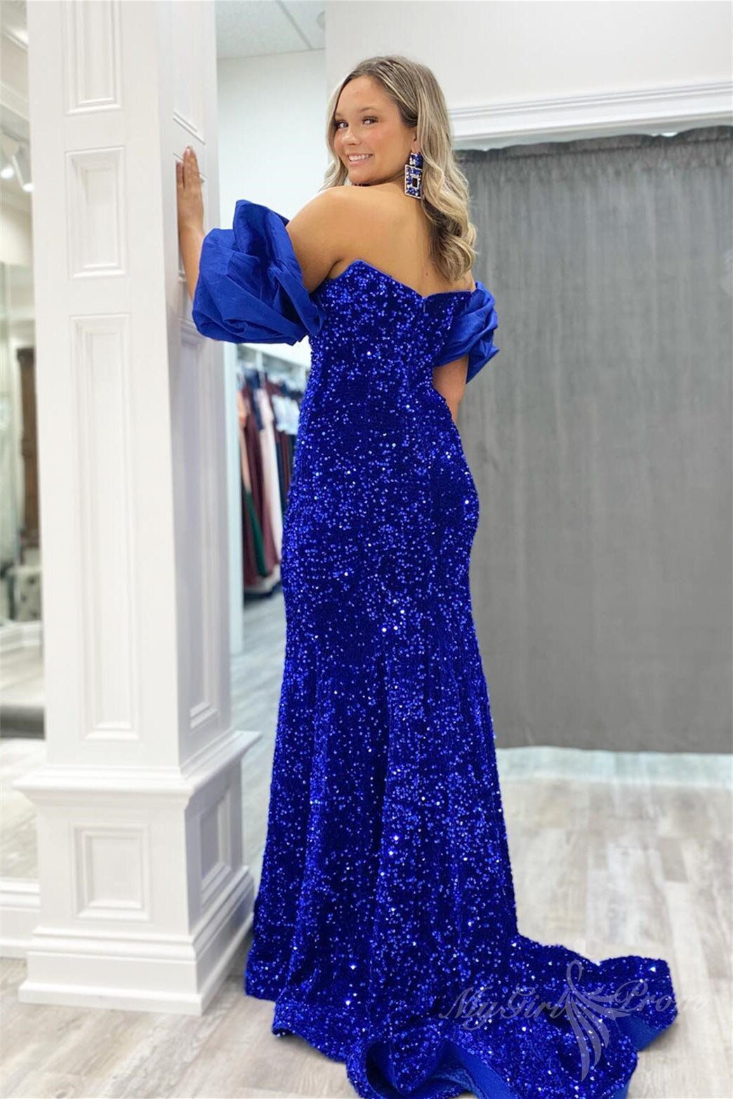 pink off the shoulder puff sleeves sequins long prom dress mermaid evening gown