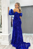 pink off the shoulder puff sleeves sequins long prom dress mermaid evening gown