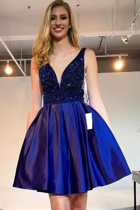 royal blue homecoming dress plunging neck beaded short prom dresses