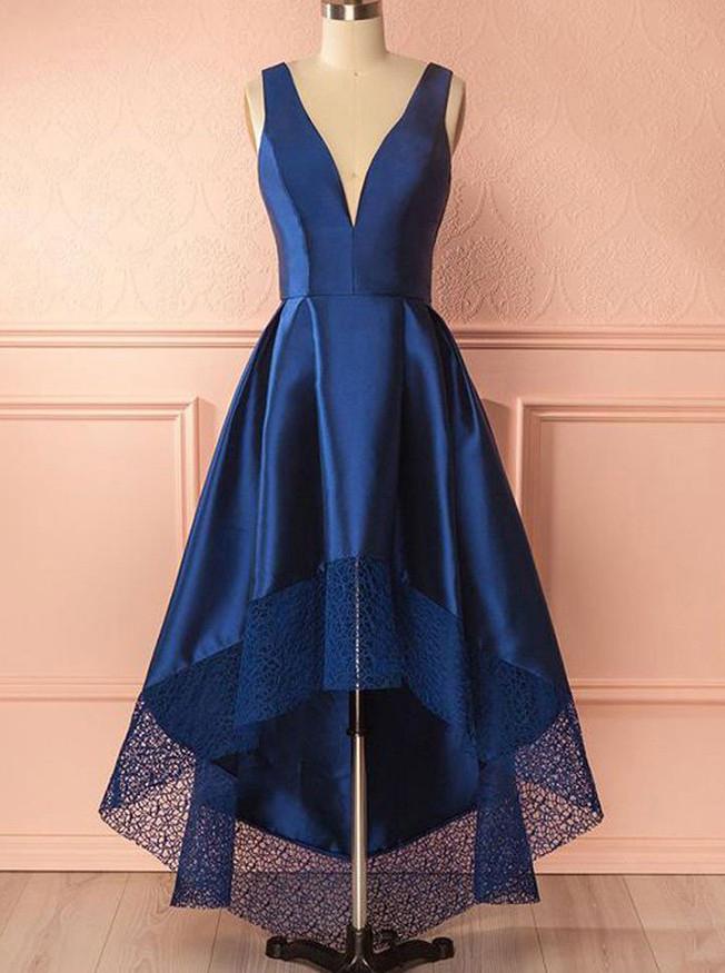 royal blue high low prom dress deep v neck with lace hem