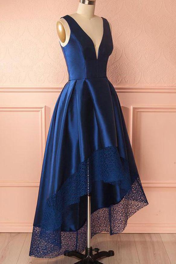 royal blue high low prom dress deep v neck with lace hem