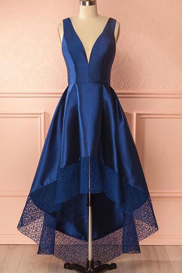 royal blue high low prom dress deep v neck with lace hem