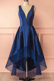 royal blue high low prom dress deep v neck with lace hem