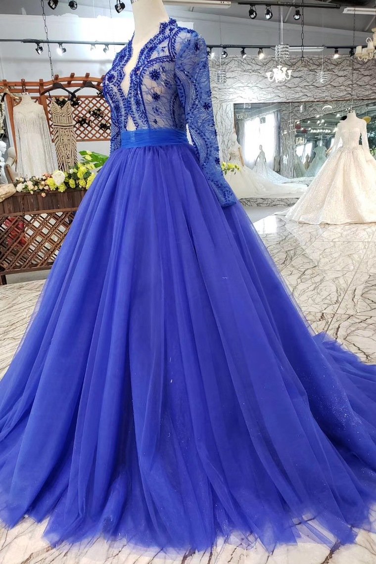 royal blue long sleeves quinceanera gown tulle lace applique beads prom dress