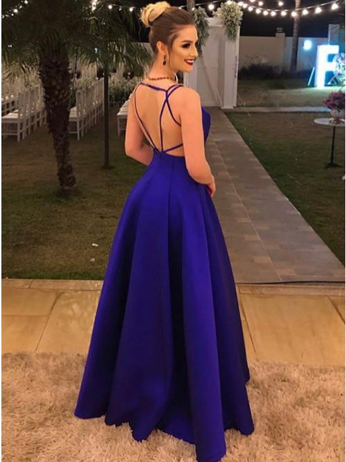 royal blue satin criss cross backless prom evening dress a line v neck