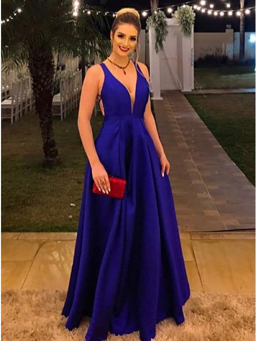 royal blue satin criss cross backless prom evening dress a line v neck