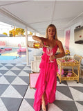 elegant a line v neck prom dress hot pink evening party gown