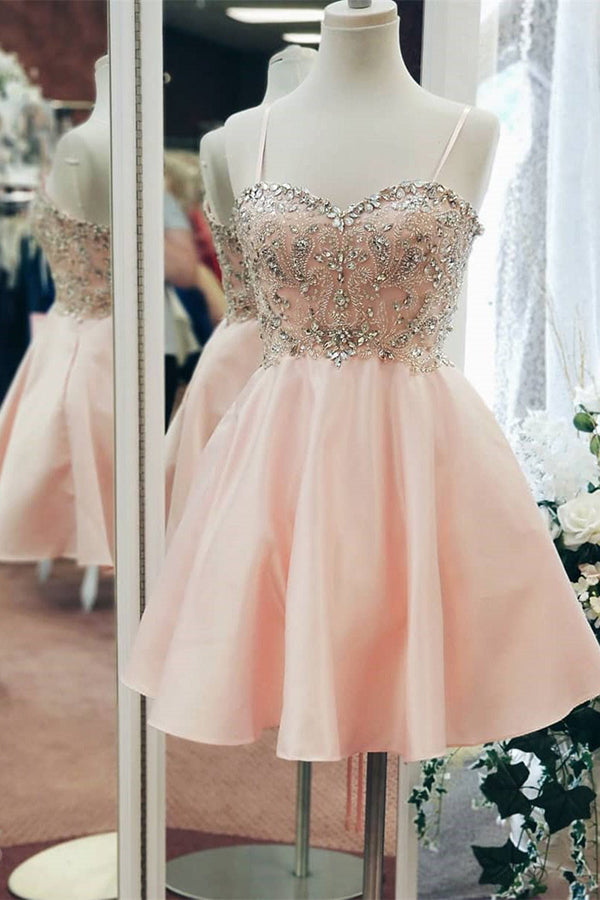 sweetheart blush pink satin beaded homecoming dress straps graduation dress