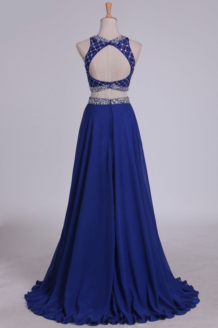 scoop tulle chiffon two piece sleeveless beading blue long prom dress