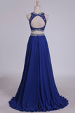 scoop tulle chiffon two piece sleeveless beading blue long prom dress