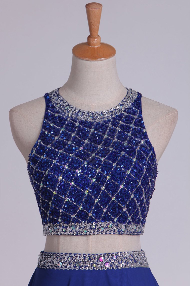 scoop tulle chiffon two piece sleeveless beading blue long prom dress