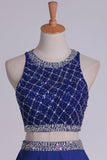 scoop tulle chiffon two piece sleeveless beading blue long prom dress