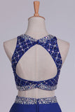 scoop tulle chiffon two piece sleeveless beading blue long prom dress
