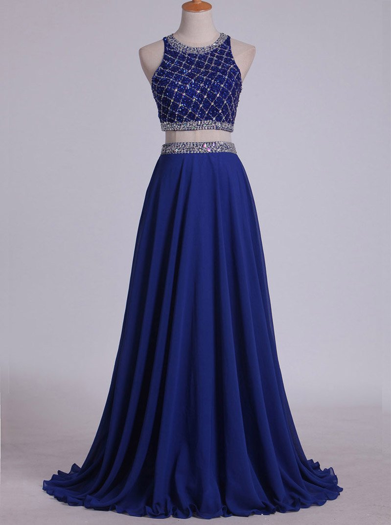 scoop tulle chiffon two piece sleeveless beading blue long prom dress