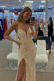Spaghetti Straps Mermaid Sequin Prom Dress, High Slit V-neck Evening Dresses GP242
