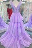Sequin Lavender Tiered Tulle Long Prom Dress, Princess Sparkly Formal Gown GP489