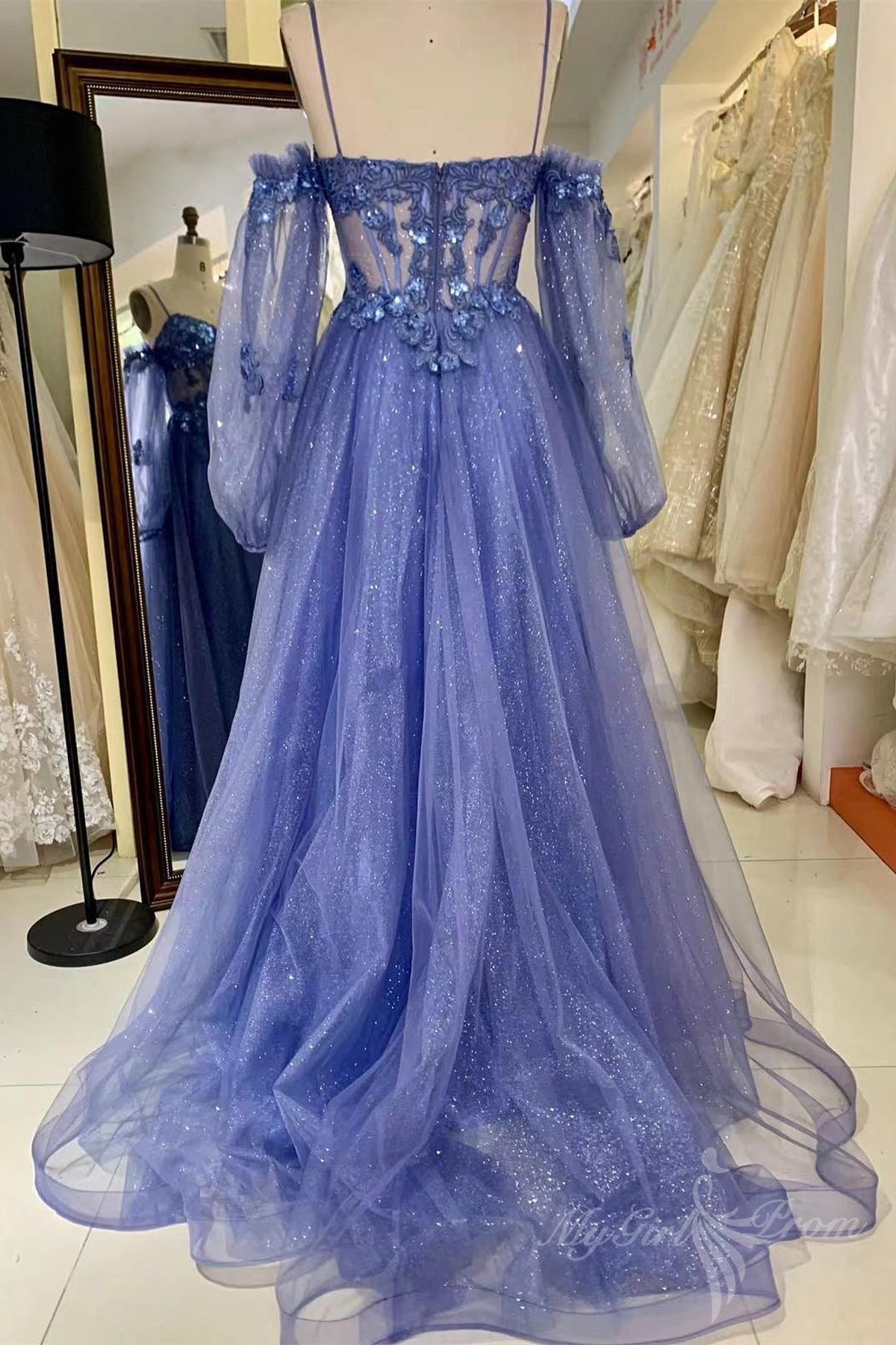 sequins blue sleeves applique long prom dress formal gown