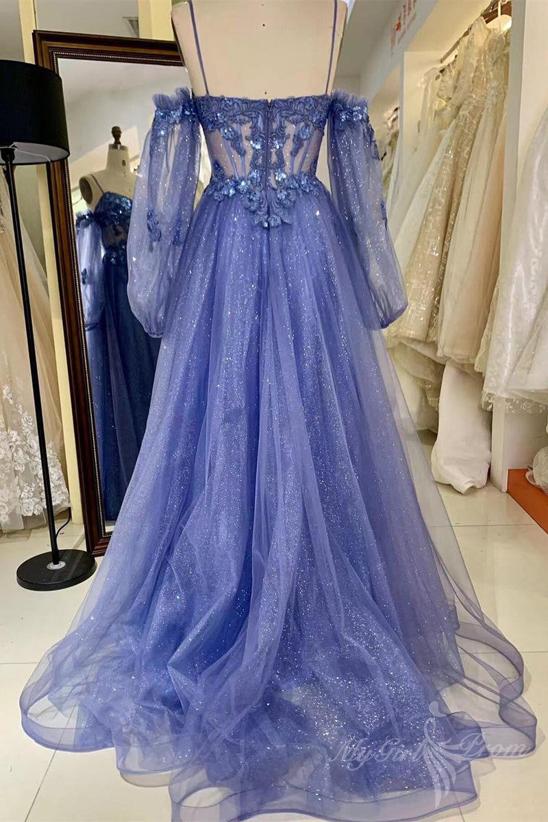 sequins blue sleeves applique long prom dress formal gown
