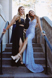 sequins v neck blue prom dress sparkly mermaid slit evening dresses