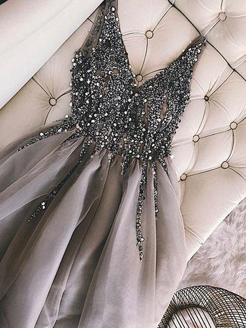 sequins beaded a line v neck tulle short prom dresses