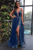 sequins navy blue prom dress plunging neckline dress with slit