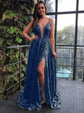 sequins navy blue prom dress plunging neckline dress with slit