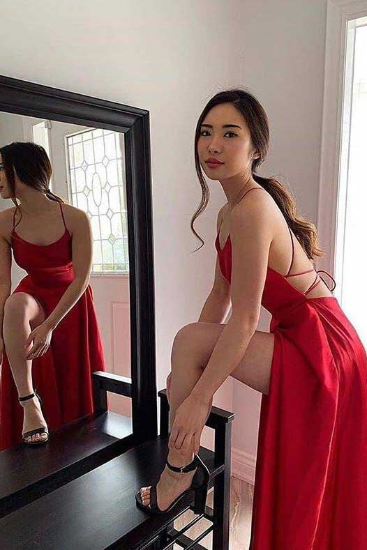 simple red sleeveless long prom dress satin backless evening gown