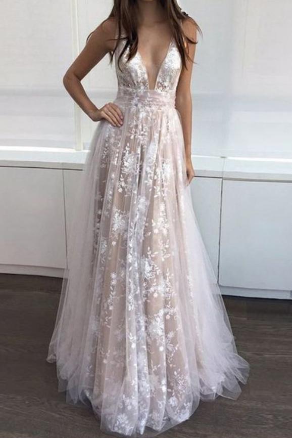 beautiful a line deep v neck backless lace tulle long prom dress