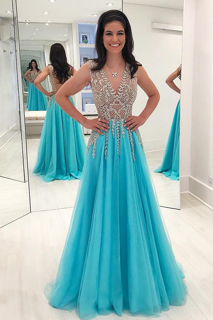 luxurious a line v neck beads open back tulle slit prom dresses