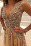 luxurious a line v neck beads open back tulle slit prom dresses