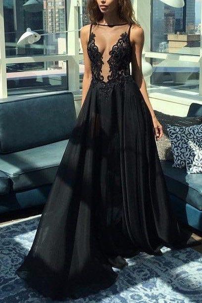 illusion a line black backless prom dresses long evening dress