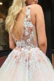 backless prom dress pearl pink tulle v neck appliques graduation gown