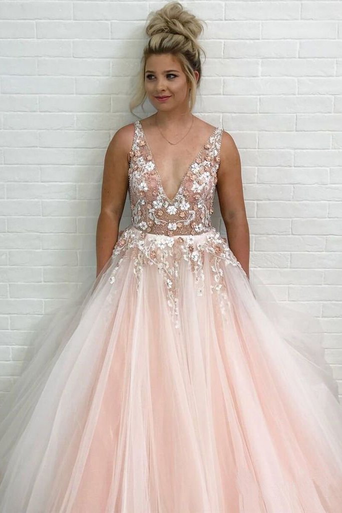 backless prom dress pearl pink tulle v neck appliques graduation gown