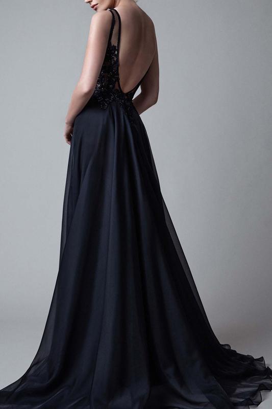 illusion a line black backless prom dresses long evening dress