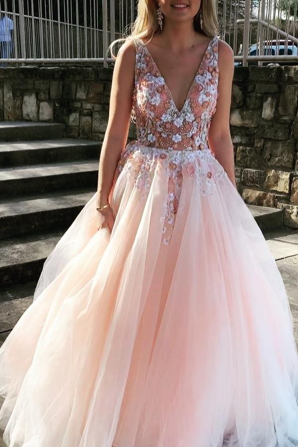 backless prom dress pearl pink tulle v neck appliques graduation gown