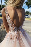 backless prom dress pearl pink tulle v neck appliques graduation gown