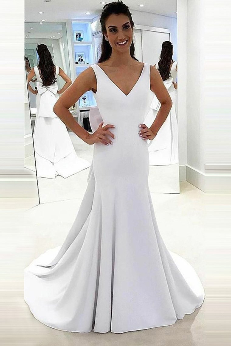 bow knot back mermaid wedding dress satin v neck bridal gown