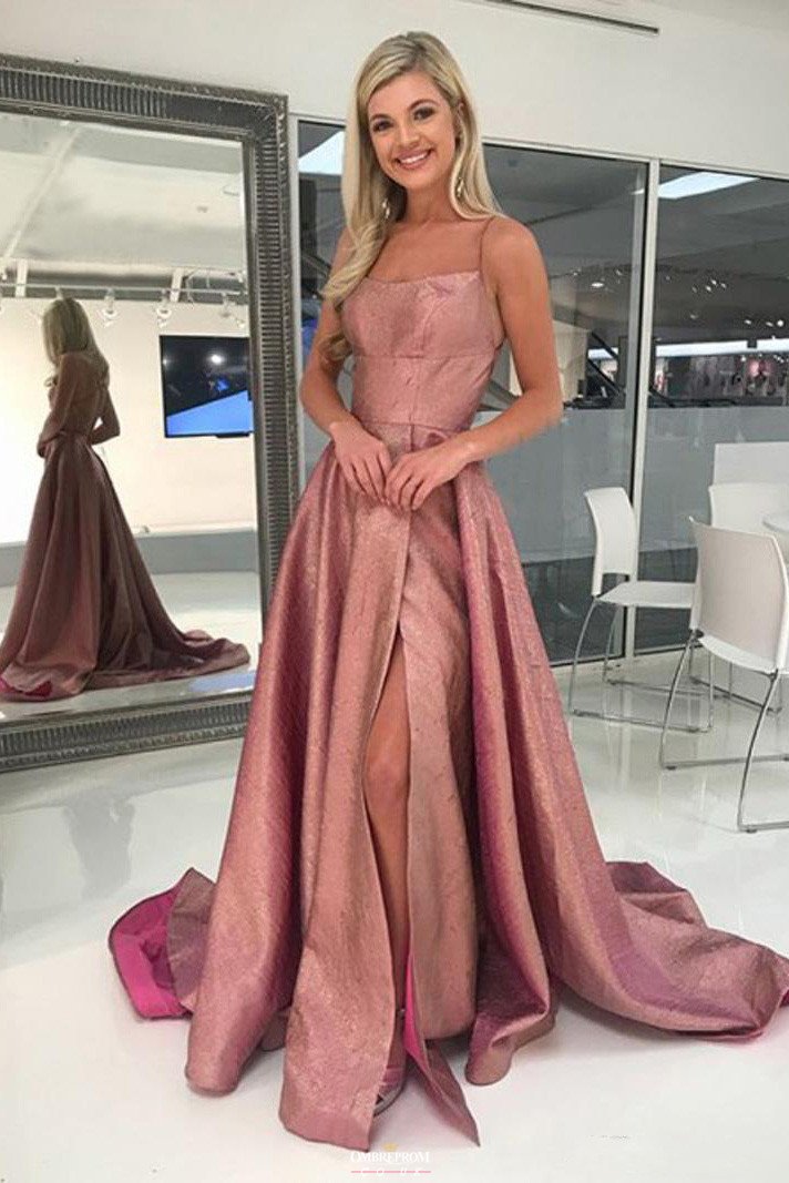 high split spaghetti straps criss cross backless long prom dresses