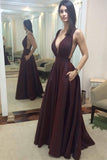 burgundy long prom evening dress deep v neck a line satin with pocket