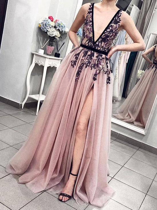 pink blush plunging neckline appliques tulle long prom party dress