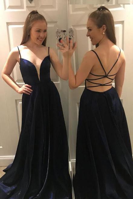 spaghetti straps long dark blue backless prom dress simple party gown