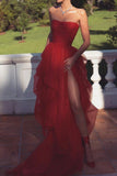 strapless layered red long prom dresses tulle high slit evening dress