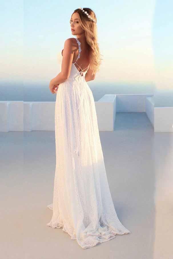 v neck backless beach boho wedding dress white lace bridal gown