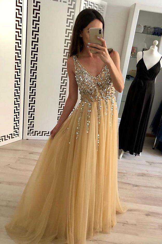 a line v neck tulle long prom dress sequins backless evening dress