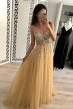 a line v neck tulle long prom dress sequins backless evening dress