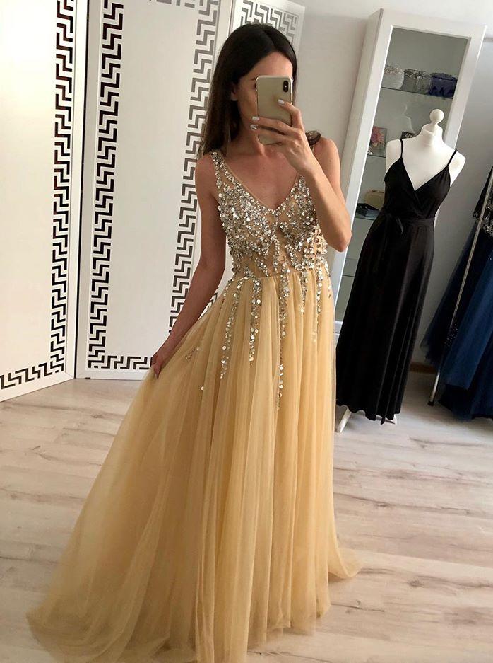 a line v neck tulle long prom dress sequins backless evening dress