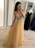 a line v neck tulle long prom dress sequins backless evening dress